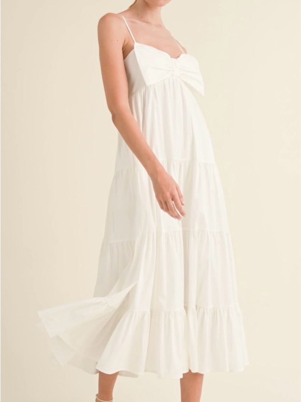 The Reset Ivory Bow-Front Tiered Midi Dress